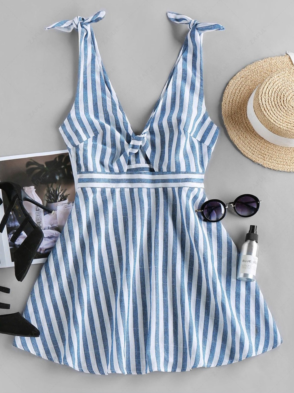 Zaful Blue and White Striped Tie-Shoulder Mini Dress